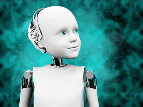 3D rendering of child robot head with space background. Stock-Illustration