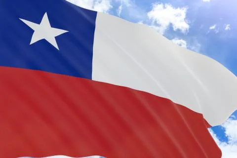 3D rendering of Chile flag waving on blue sky background Stock Illustration