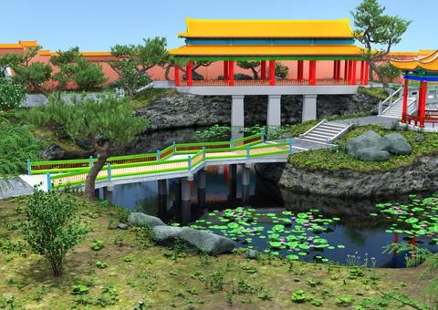 3D Rendering Chinese Garden Stock Illustration