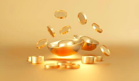 3D Rendering of Chinese gold bars ingot and golden coins on gold background.. Stock Photos