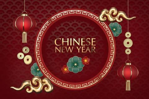 3d rendering chinese new year traditional red and gold greeting card with asi Stock Illustration