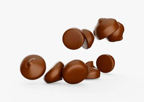 3D rendering of chocolate chip morsels or drops floating in the air, isolated on Stock Illustration