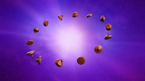 3d rendering of chocolate chips flying around like solar system orbit Stock Illustration