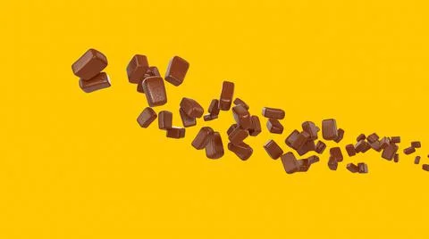 3D rendering of chocolate pieces on a yellow background Illustrazione stock