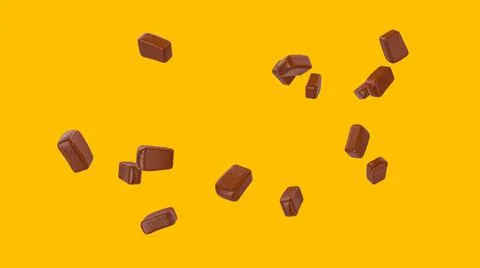 3D rendering of chocolate pieces on a yellow background Illustrazione stock