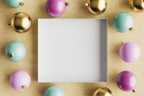 3D rendering of a Christmas background with baubles around an empty box in the 스톡 일러스트