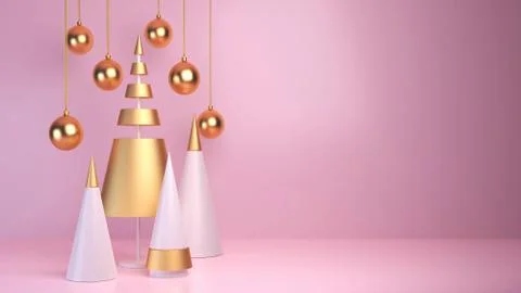 3d rendering Christmas balls, concept gold fir tree, greeting card holiday Stock Photos