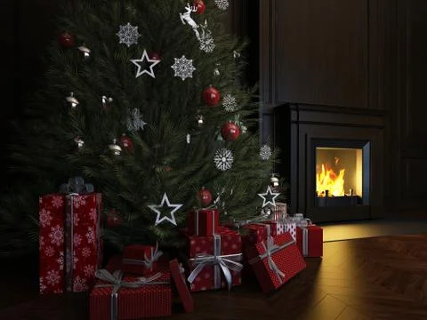 3d rendering Christmas Interior, Xmas Tree Fireplace Light Stock Illustration