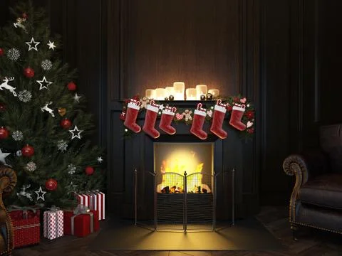 3d rendering Christmas Interior, Xmas Tree Fireplace Light Stock Illustration