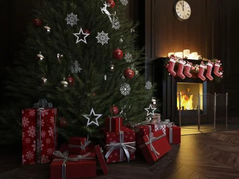 3d rendering Christmas Interior, Xmas Tree Fireplace Light Stock Photos