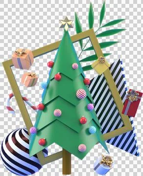 3d Rendering Christmas or new year elements background with decorative tree b Stock Illustration
