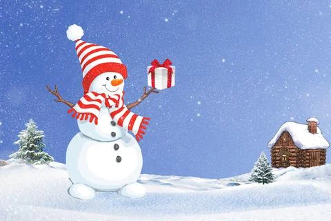 A 3d rendering of a Christmas postcard concept with a snowman and hut over a  Ilustração Stock