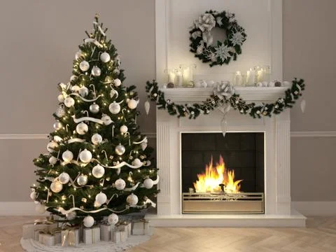 3d rendering. christmas scene with decorated tree and fireplace. Stock Illustration