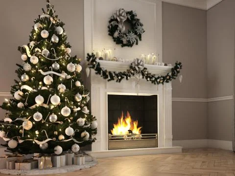 3d rendering. christmas scene with decorated tree and fireplace. Illustrazione stock
