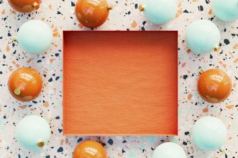 3D rendering of a Christmas terrazzo background with baubles around an empty box Stock Illustration