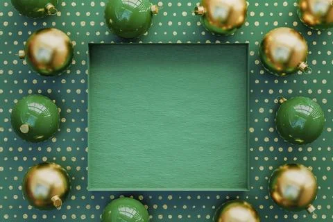 3D rendering of a Christmas terrazzo background with baubles around an empty box Stock Illustration