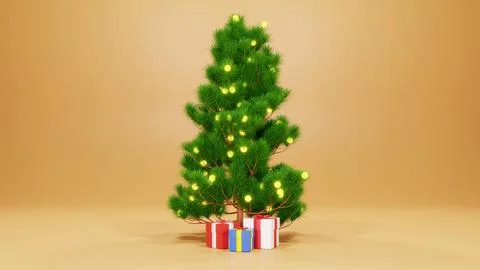 3D Rendering, Christmas tree and gift box with yellow smooth background Stock Illustration