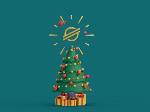 3D rendering of a Christmas tree with a cryptocurrency icon over it Ilustração Stock