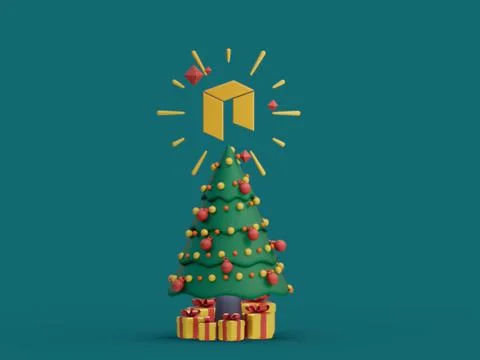 3D rendering of a Christmas tree with a cryptocurrency icon over it Ilustração Stock