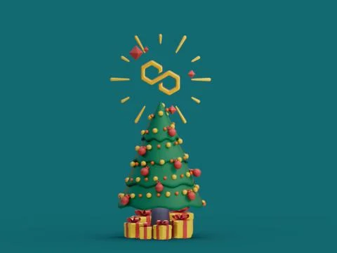 3D rendering of a Christmas tree with a cryptocurrency icon over it Ilustração Stock