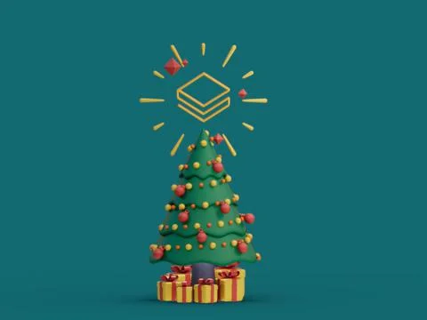 3D rendering of a Christmas tree with a cryptocurrency icon over it Ilustração Stock