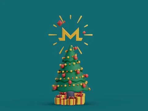 3D rendering of a Christmas tree with a cryptocurrency icon over it Ilustração Stock
