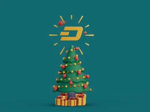 3D rendering of a Christmas tree with a cryptocurrency icon over it Ilustração Stock