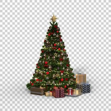 3D rendering of a Christmas tree decorated with baubels and tinsel with light Stock Illustration
