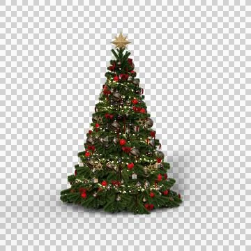 3D rendering of a Christmas tree decorated with baubles and tinsel with light Illustrazione stock