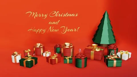 3D rendering with christmas tree gift boxes and candys. Christmas and New Yea Stock Illustration