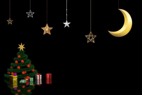 3d rendering christmas tree with gifts on black background Stock Illustration