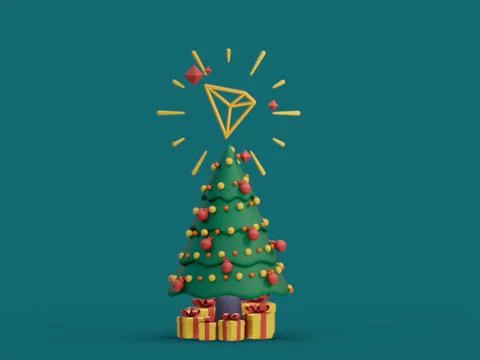 3D rendering of a Christmas tree with a Tron cryptocurrency icon over it Ilustração Stock