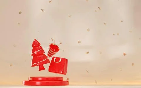 3D rendering, christmas tree,red bag and red party popper on red stand with Stock Photos