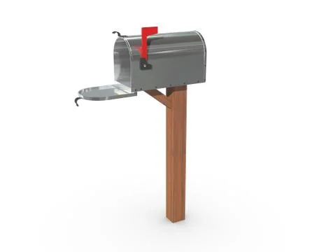 A 3D rendering of a chrome and empty US Mailbox, open with clean casing and r Stock-Illustration
