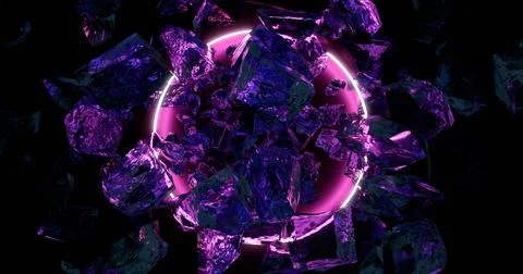 3d rendering. Chunks of ice falling down surrounded by ultraviolet neon light Stock Illustration