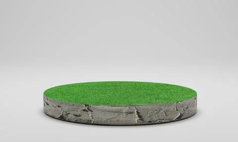 3D rendering. Circle cutaway grass field. Cement podium with green lawn isola Stock Photos