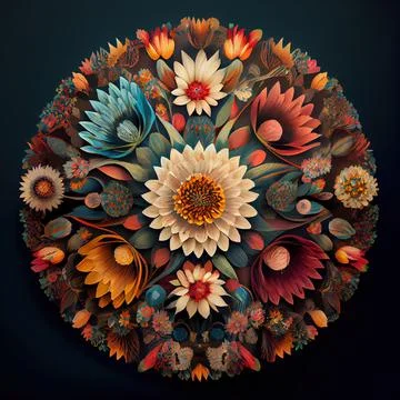 3d rendering of a circular floral pattern with flowers on a dark background. Illustrazione stock