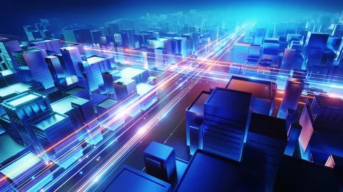 3D rendering Cityscape With Glowing Data Lines, dolly rotate camera Ilustración de archivo