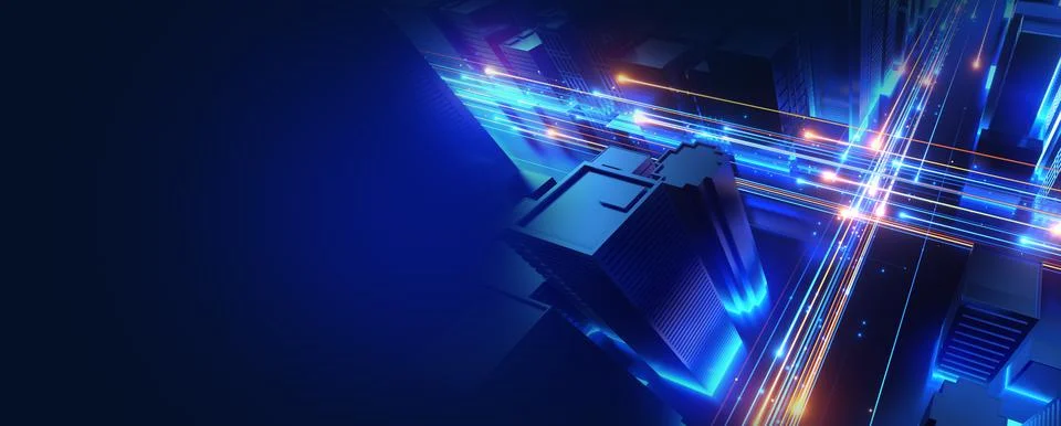 3D rendering, Cityscape With Glowing Data Lines, dolly rotate camera Ilustración de archivo