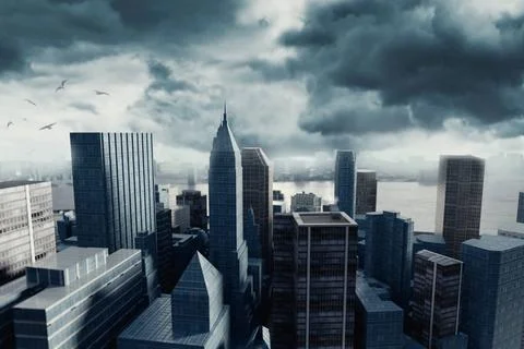 3d rendering of cityscape with high building in front of stormy clouds 3d ... Fotos de archivo