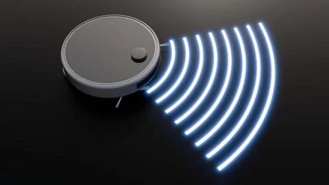 A 3d rendering of classic robotic vacuum cleaner with concentric rings. Illustrazione stock