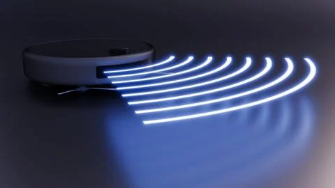 A 3d rendering of classic robotic vacuum cleaner with concentric rings. Stock Illustration