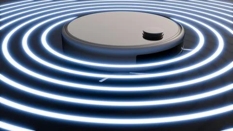 A 3d rendering of classic robotic vacuum cleaner with concentric rings. Illustrazione stock