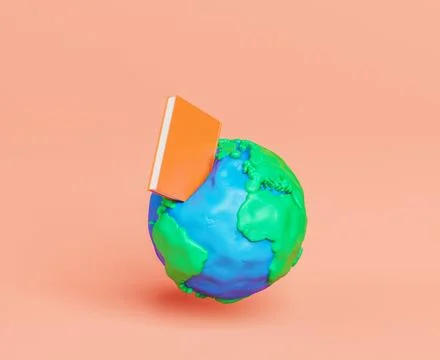 3D rendering of clay globe with book against orange background Illustrazione stock