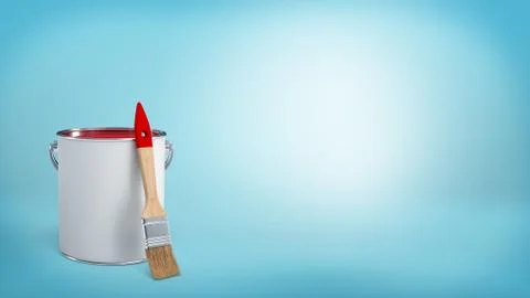 3d rendering of a clean new paint brush leaning on a metal bucket with red paint Stock Illustration