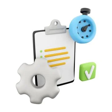 3d rendering clipboard with alarm clock and gear icon. 3d render timer gear and Stock Illustration