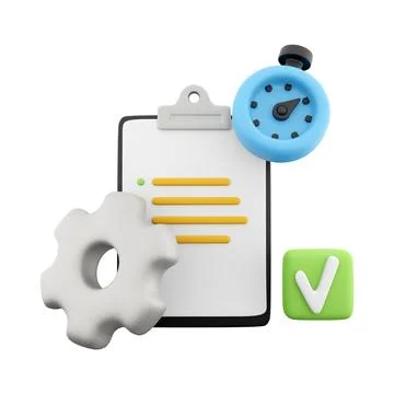 3d rendering clipboard with alarm clock and gear icon. 3d render timer gear and Stock Illustration
