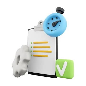 3d rendering clipboard with alarm clock and gear icon. 3d render timer gear and Stock Illustration