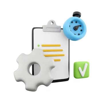 3d rendering clipboard with alarm clock and gear icon. 3d render timer gear and Stock Illustration