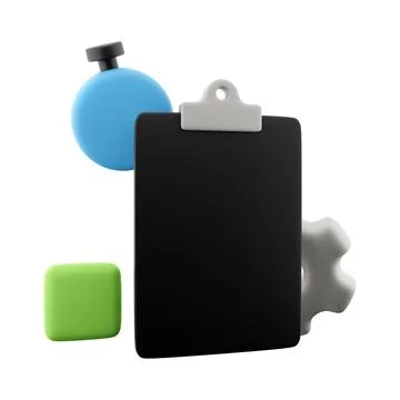 3d rendering clipboard with alarm clock and gear icon. 3d render timer gear and Stock Illustration